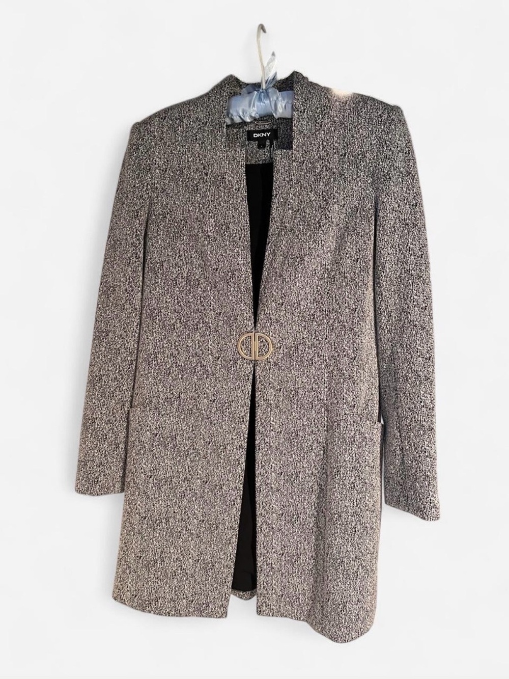 Dkny Silver-Gray Long Blazer with Decorative Clasp